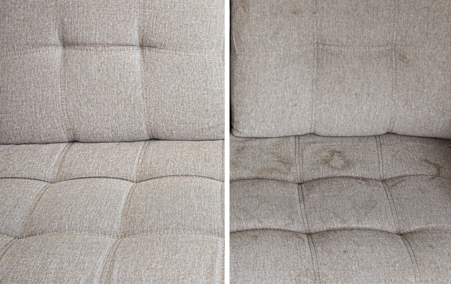 Before and after photo of upholstery cleaning a couch