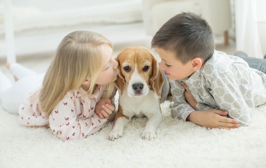 children and puppy on the carpet